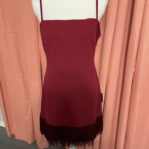 Lulu's Burgundy Fringe Bodycon Mini Dress Spaghetti Strap